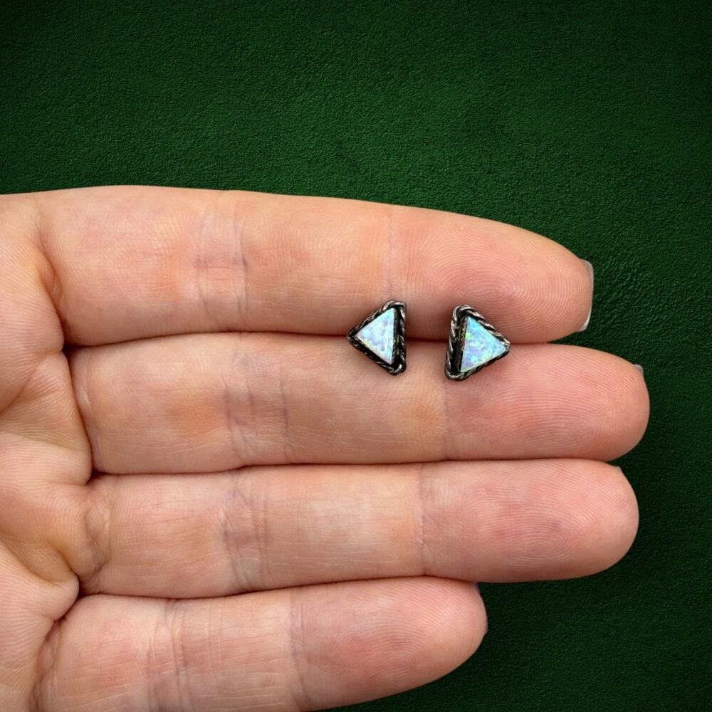 Sterling Silver 925 Blue Fire Opal Triangle Stud Earrings Twisted Rope Artisan